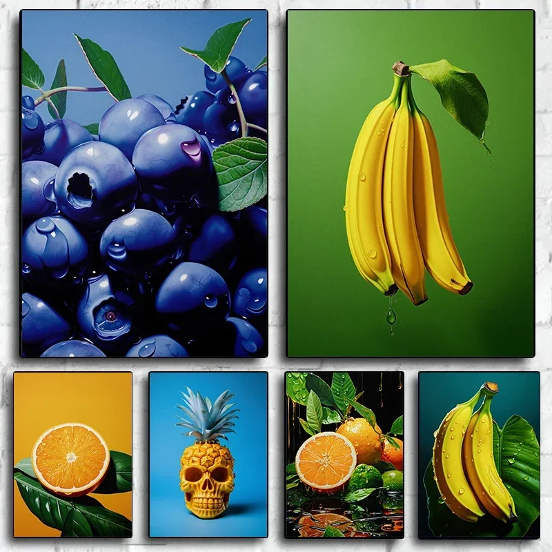 Blueberry Banana Orange Print Simple Fruit Restaurant Fruit Wall Decor Colorful Food Poster Kitchen Wall Art Fresh Berry Print