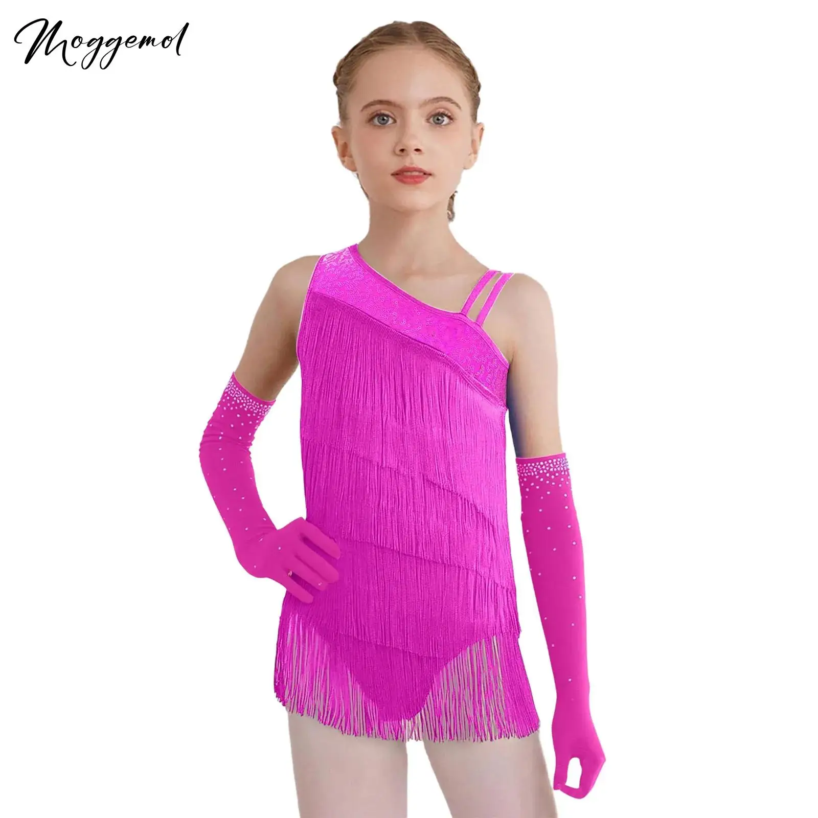 

Современный бальный гимнастический костюм для латинских танцев для девочек, многоуровневые кисточки, асимметричный купальник с блестками и стразами, сетчатые перчатки