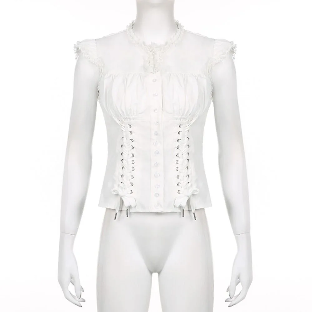 

Sweet Ruffle Sleeveless Shirts Lacing Waist Cinching Lace-up Crope Shirt Top O Neck French Style White Blouse Women Women