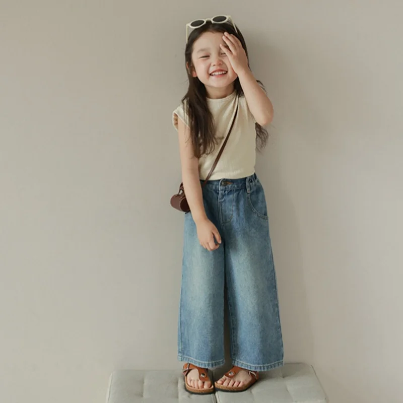 3-8Y Girl Wide Leg Pants All Seasons Skin Friendly And Breathable Elastic Waist Denim Fabric Girls Loose Straight Jeans