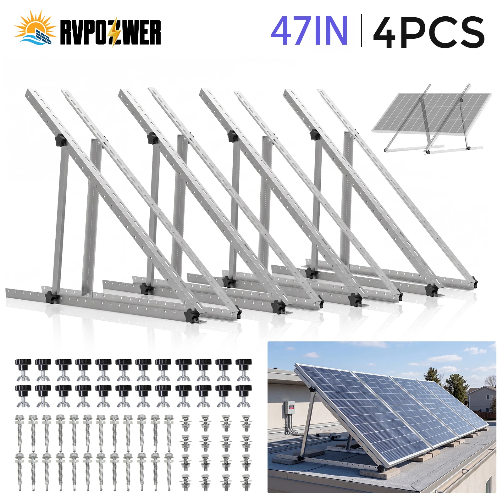 Rvpozwer 47 Zoll 4/2/1 Sets Verstellbare Solarmodul-Neigungshalterungen mit klappbaren Neigungsbeinen für Dachmontage an netzunabhängigen Wohnmobilen und Booten