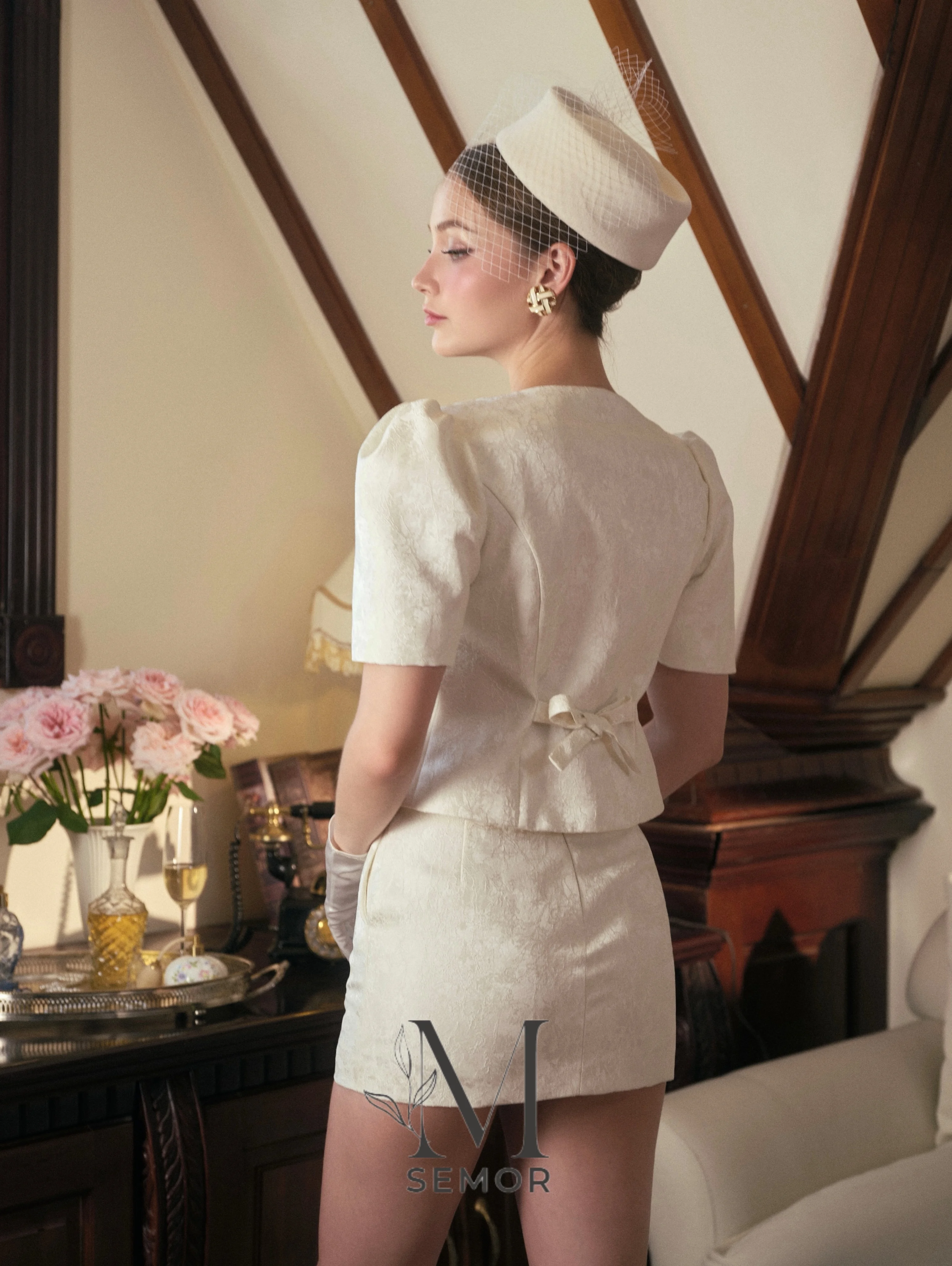 Semor Customized Ivory Puff Short Sleeve Wedding Dress Short Bride Gown 2 Pcs Button Jacket Mini Skirt Vintage свадебное плать