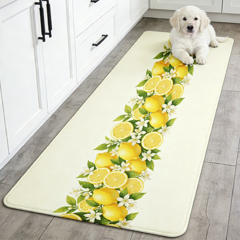 Light Cream Lemon Flower Runner Mat Anti Slip Water Absorbent Rug Summer Fruit Kitchen Floor Decor Carpet Bath Kitchen Entrance