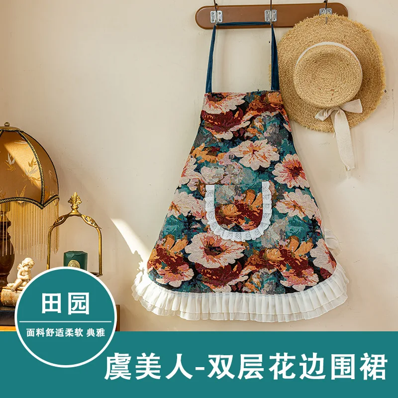 Chinese retro schort met kanten tailleband, licht luxe en esthetisch keukenschort voor thuisgebruik