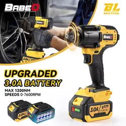 BABEQ 20V 1200NM Brushless Electric Wrench with 3.0A Battery 1/2 Inch Socket Cordless Impact Wrench Tools for Makita 18V Battery