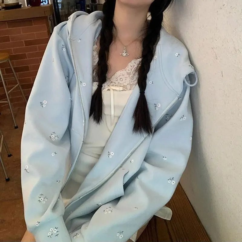 Women Ditsy Floral Print Zip Up Hoodie Light Blue Long Sleeve Autumn Winter Drawstring Hooded Jacket Casual Loose Sweatshirts