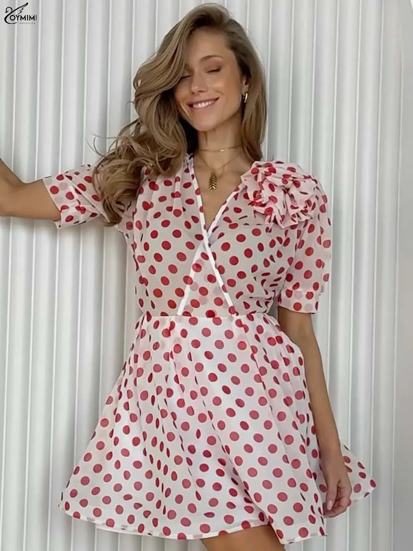

Oymimi Fashion Red Print Women's Dress Casual V-Neck Bow Short Sleeve Translucent Dresses Summer High Waist Loose Mini Dresses
