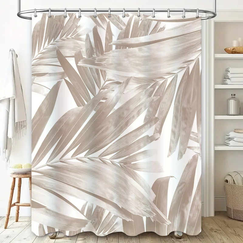 Vintage Palm Leaf Bath Curtain Shower Decoration Waterproof Fabric Decorative Window Panel Beige Tone