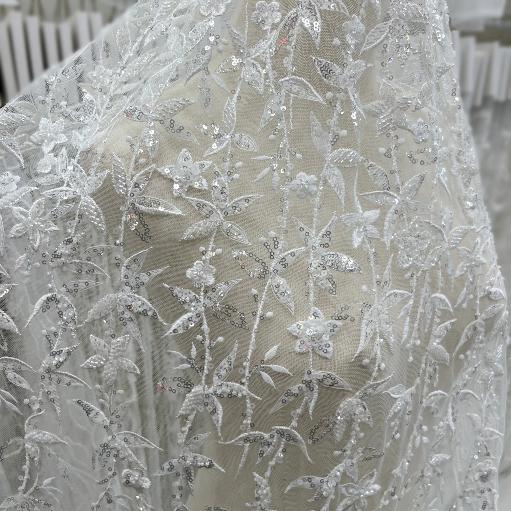 

Exquisite High-Grade Sequins Beads Tulle Embroidery Lace Fabric Wedding Dress Design Fabrics