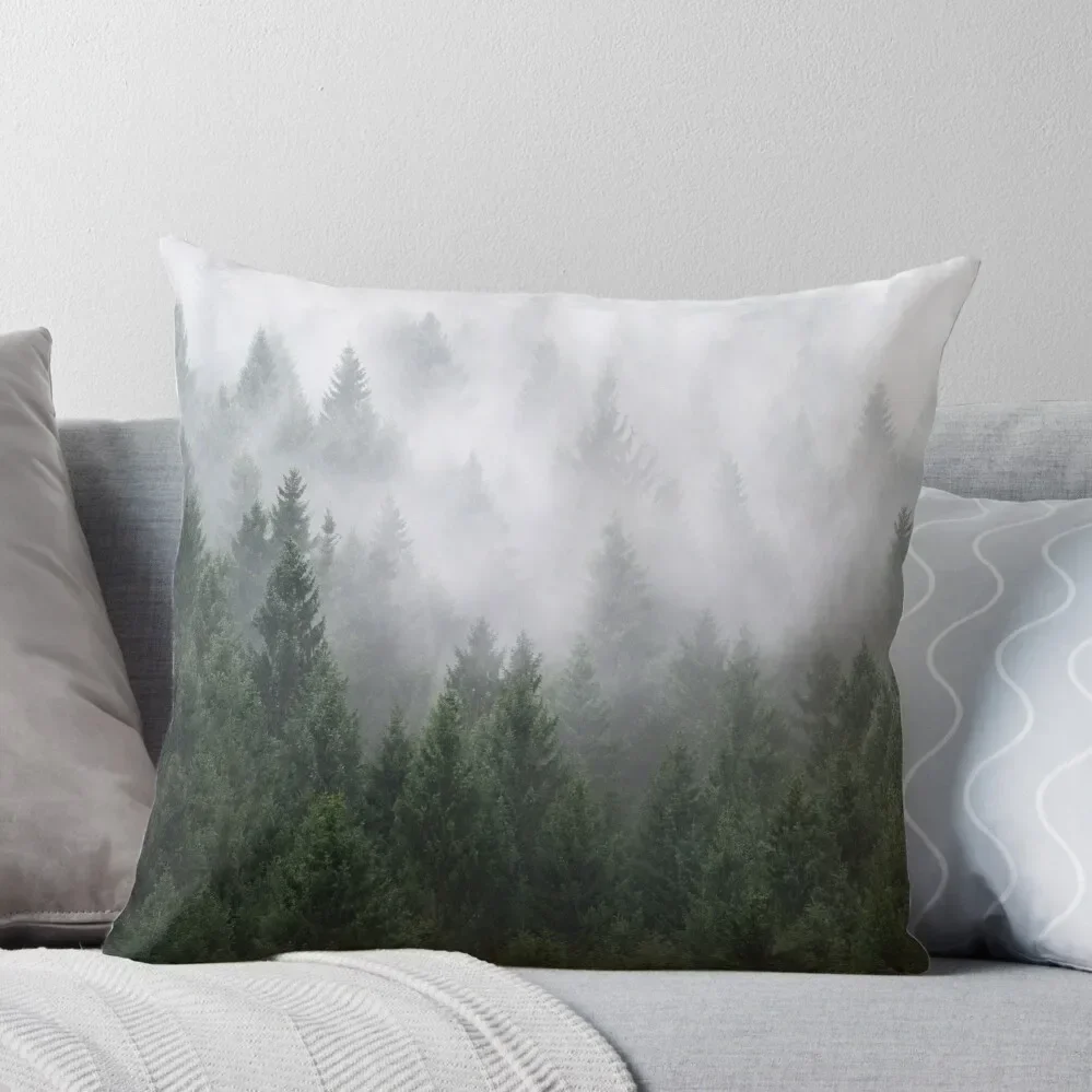 Home Is A Feeling // Misty Retro Fall Wilderness Fairytale Evergreen Forest With Trees Covered In Magic Fog Season Throw Pillow