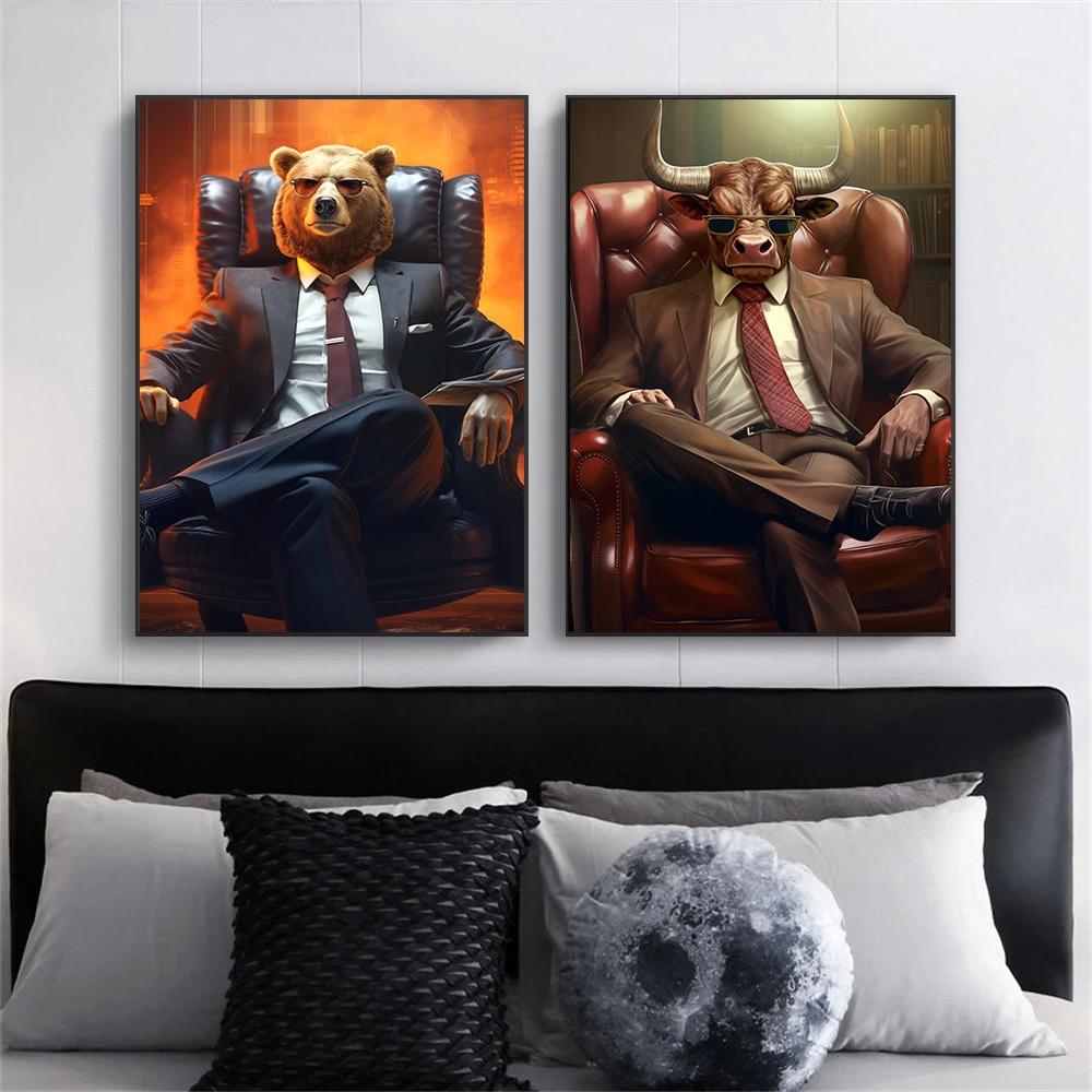 

Modern Successfull Wall Art Poster Stock Market Bull Bear Colorful Print Financial Wall Art Canvas Painting Office Decor