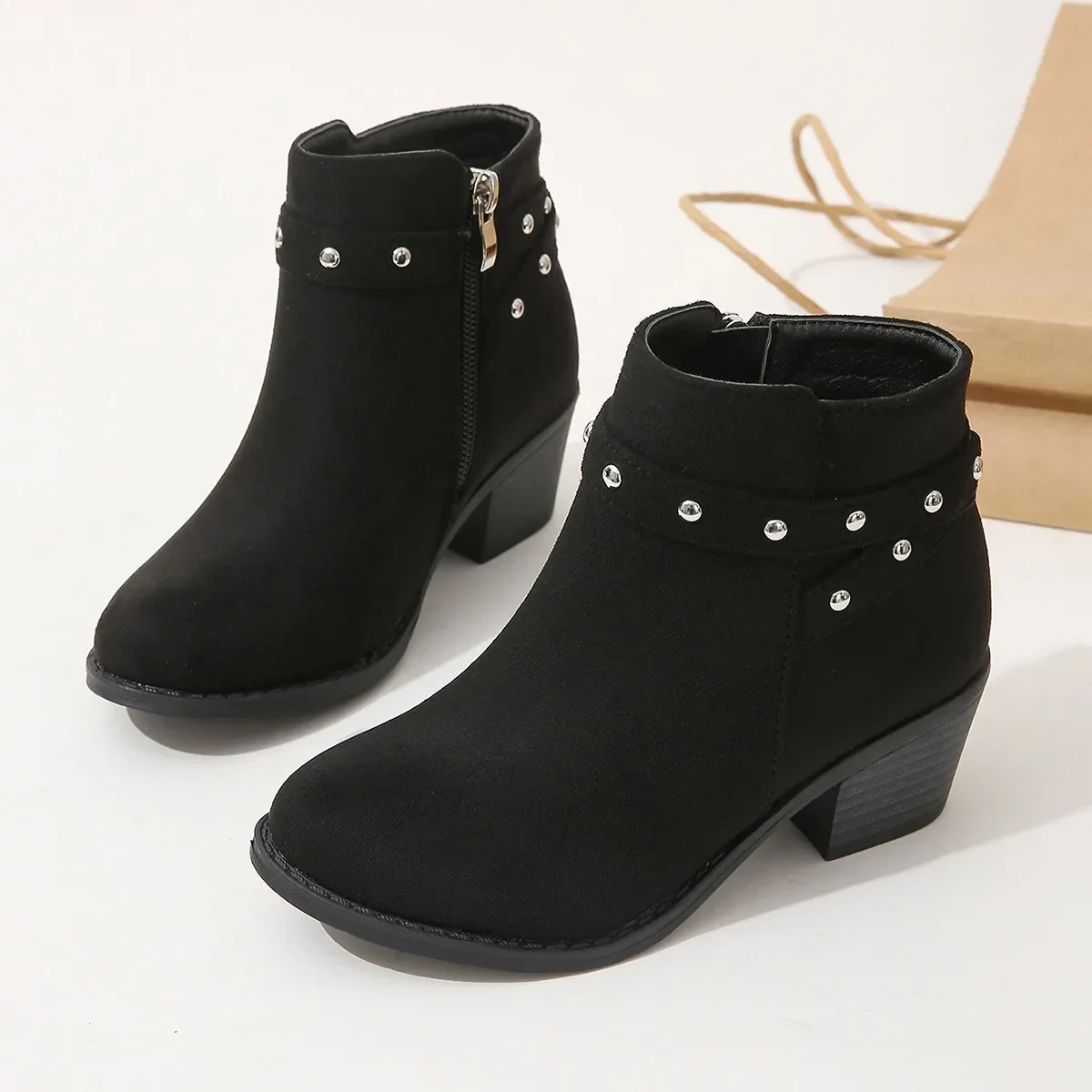 Elegant Children's Leather Boots Fashion Versatile Girls Black Shoes Classic Simple Kids Causal Fashion Princess High Heel Boots