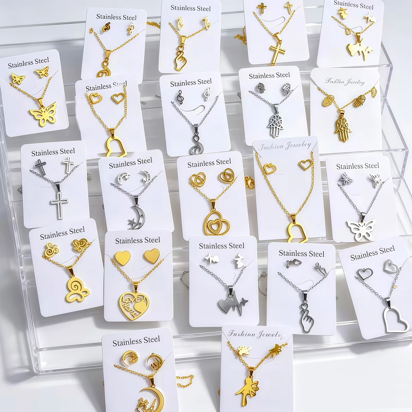 6/8/12/24/36/48Sets Fashion Butterfly Heart Stainless Steel Earrings Necklace Set For Women Mix Style Trendy Jewelry Party Gifts