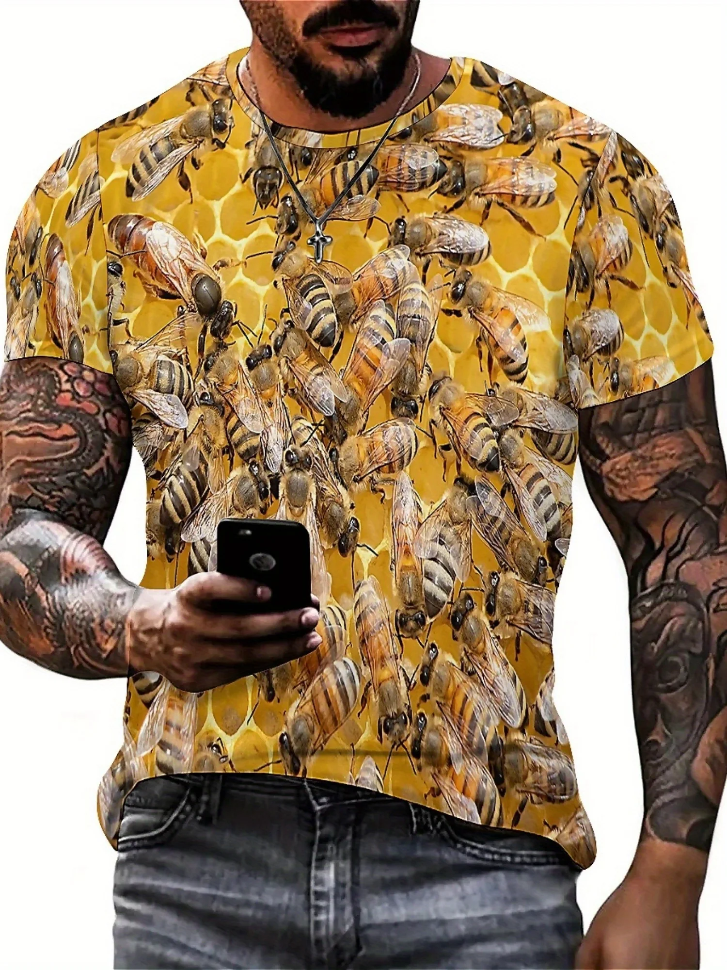 Camiseta masculina com estampa de abelha 3D – poliéster macio, gola redonda, manga curta, padrão geométrico, ajuste regular, conforto para todas as estações