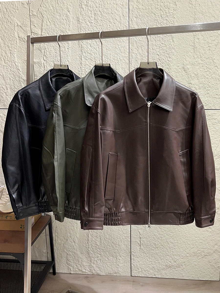 

Retro Motorcycle Leather Jacket Loose Fit Men's Fashion Spring PU Soft Leather Jacket with Stand Collar Side Zipper Pockets