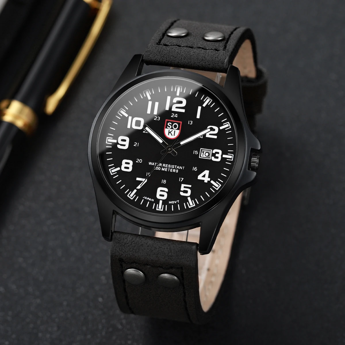 Fashion Arabic Dial Men Quartz Watch Casual Leather Strap Men's Calendar Sports Watches image 5