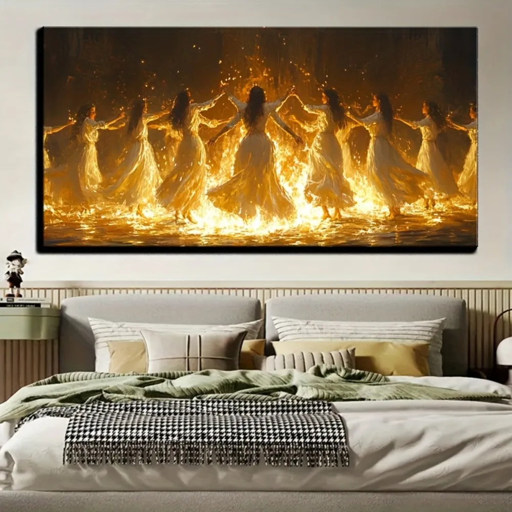 

Gothic Fire Dance Canvas Art - Fairies and Witches, Dark Academy retro wall decoration, 1.5 inch thick pine solid wood frame