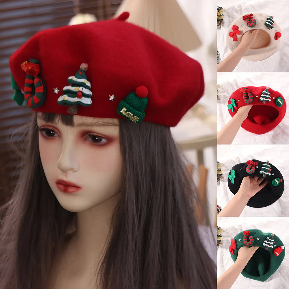 Fashion New Year Christmas Beret Cap Red Green Sweet Christmas Beret Hat Wool Felt Dress Up Xmas Painter Hat Women
