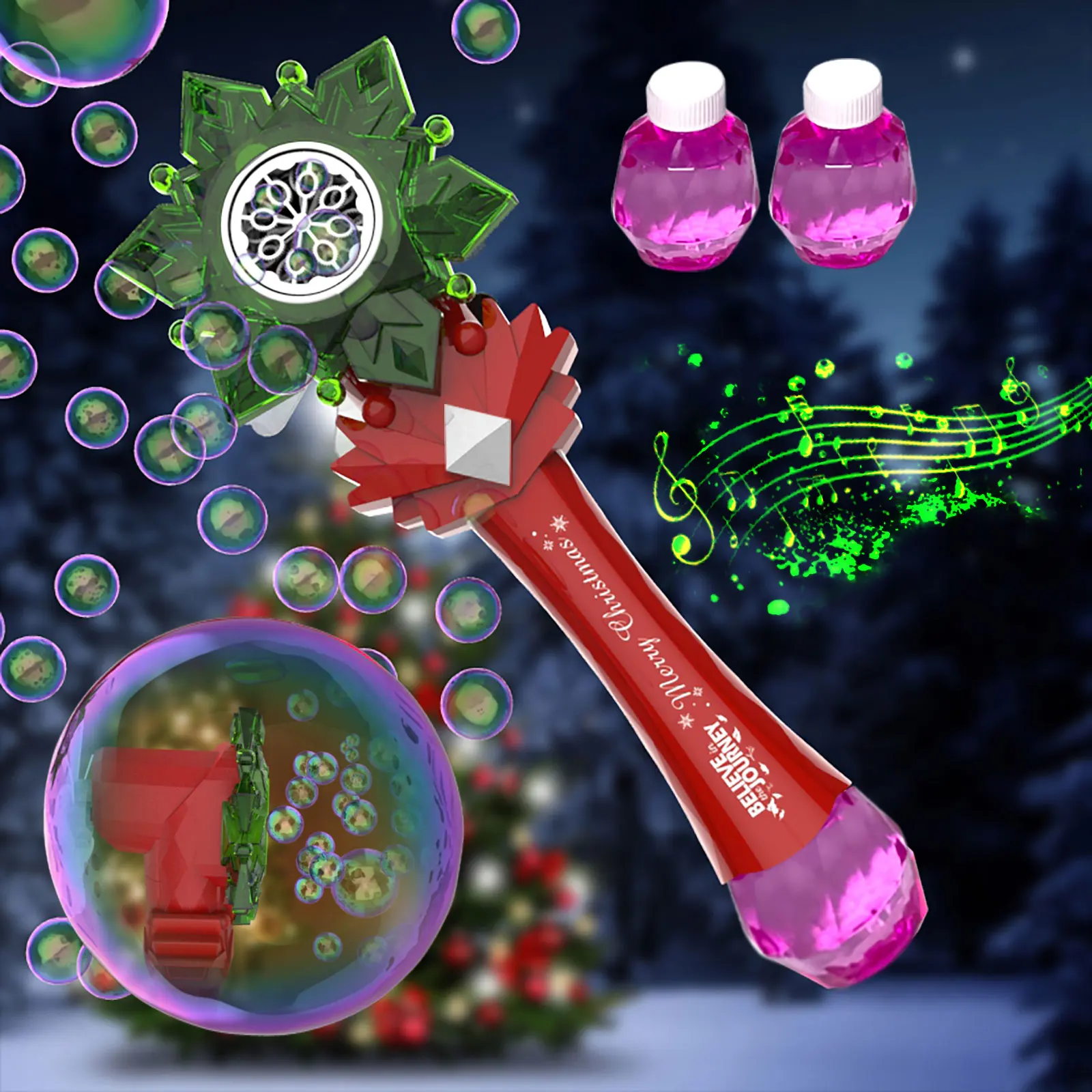 Maszyna do robienia bańek w kształcie choinki - zabawna zabawka dla dzieci, 360 °   Wirujący, magiczny dźwięk i światła, idealny prezent świąteczny na imprezy i zabawy na świeżym powietrzu