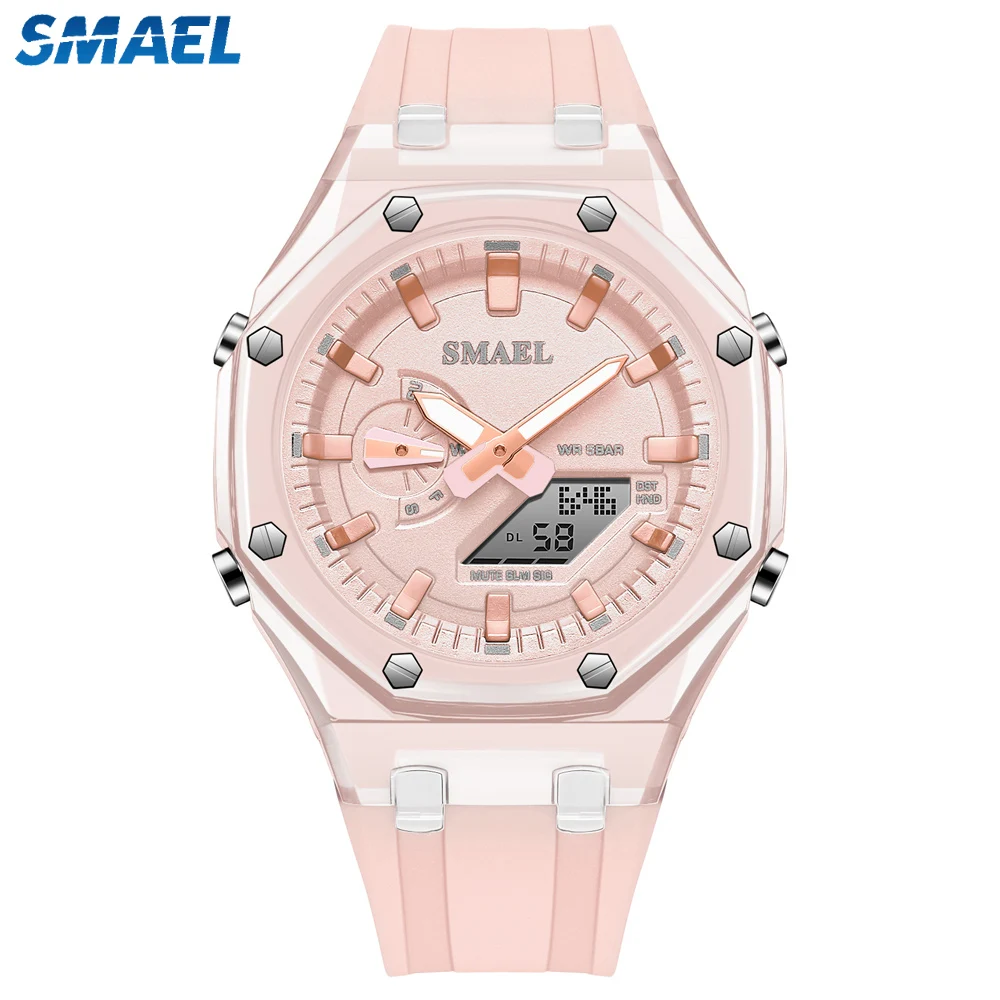 SMAEL Analog and Digital Dual Display Watches for Women Fashion Casual Pink Silicone Sport Electronic Wristwatches Lady Gift