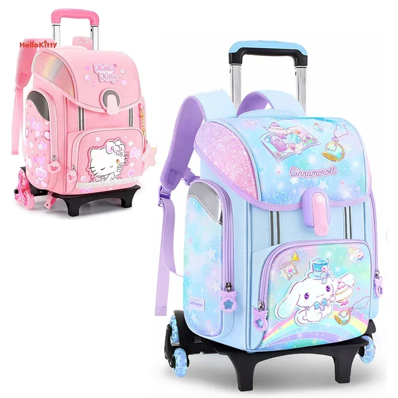 Miniso KT Kuromi Cinnamoroll Girls Trolley Schoolbag Pupil Cartoon Wheeled Backpack Elementary Student 6 Wheels School Bags Gift