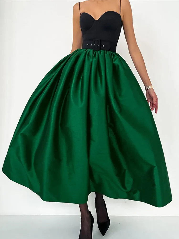 

Элегантная атласная плиссированная юбка, женская однотонная поясная свободная длинная юбка трапециевидной формы с завязкой на талии, 2026, весенняя шикарная вечерняя вечерняя нижняя часть для женщин