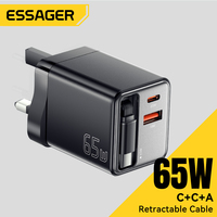 Essager 65W GaN Phone Charger Adapter Built-in Retractable Cable PD Fast Charging for iPhone 16 15 iPad Laptop