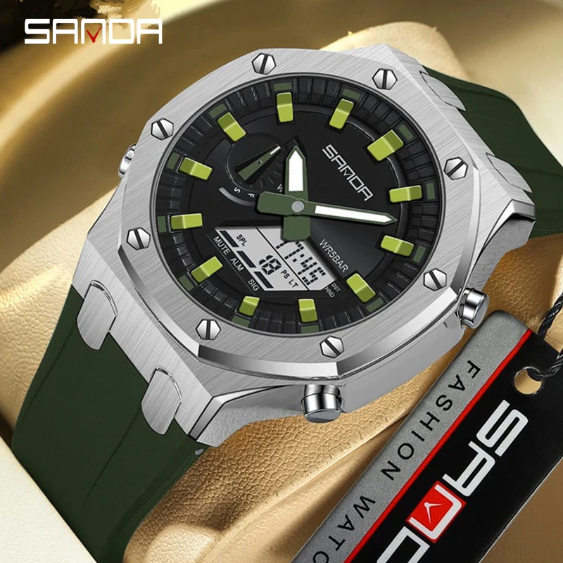 

SANDA 3309 Waterproof Men Watch Countdown Stopwatch Led Light Electronic Movement Wristwatch 5Alarm Clock 2 Time Digital Watches