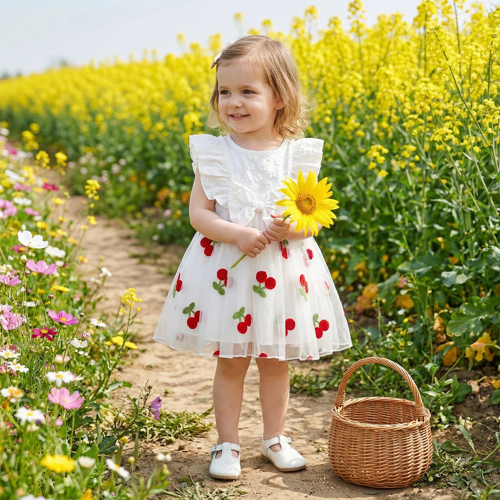 Summer Toddler Baby Girls Mesh Lace Dress Cherry Embroidered Layered Tulle Bowknot Front Crew Neck Fly Sleeve Princess Dress