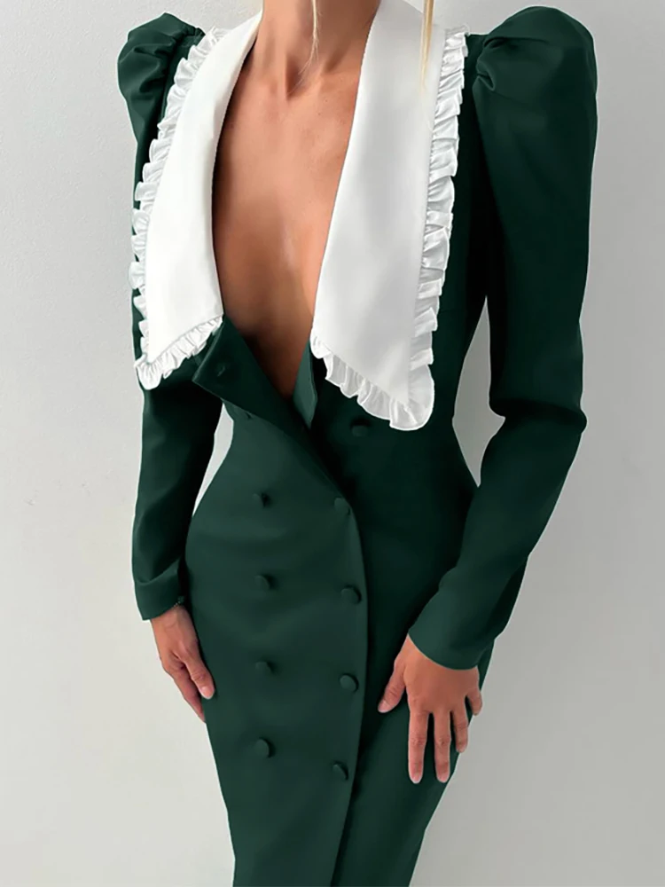 

Baby collar long sleeved high waisted French dress contrasting color double breasted spring new item hip hugging long skirt