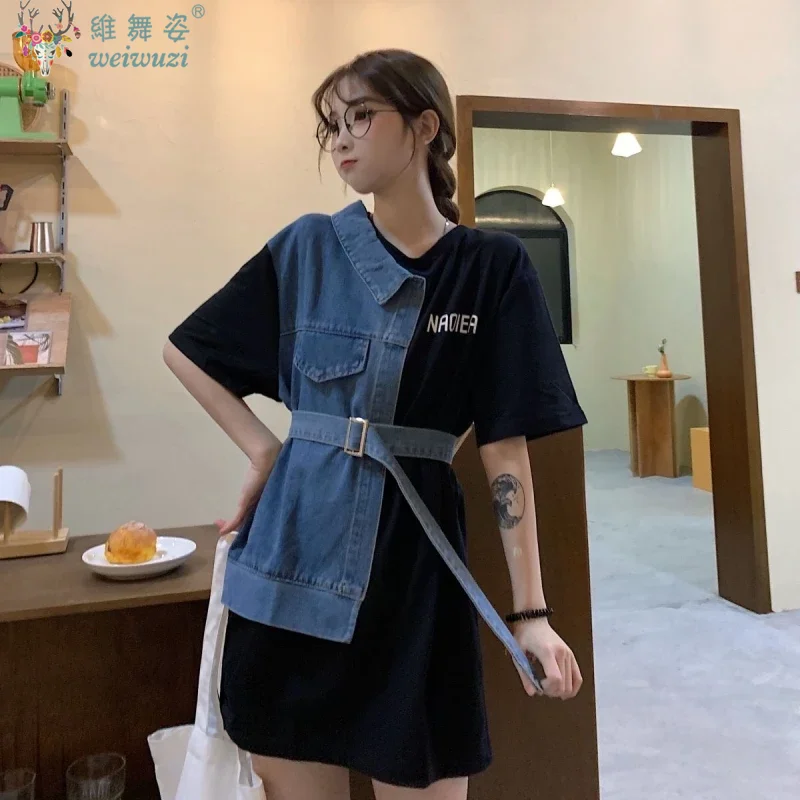 

Женщины Patchwork джинсовое платье midi юбка контраст цвет блок дизайн футболка юбка новое прибытие молодые дамы мода должна иметь уличную одежду Комфортная одежда для массового отдыха