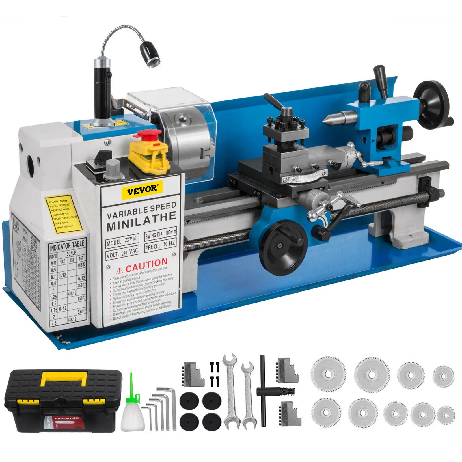 SucceBuy Mini Metaaldraaibank Machine 7 "x 14" 550 W 180x350mm Variabele Snelheid + 3 Klauwplaat voor Metaalbewerking Draaien Boren Draadsnijden