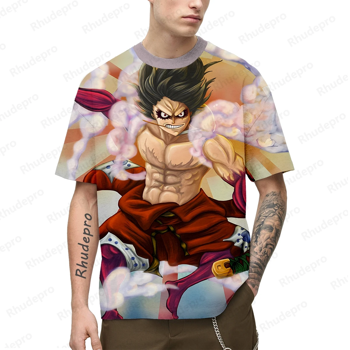 Camiseta informal de verano para hombre, de manga corta Camiseta holgada, camisa de cuello redondo con estampado 3D de Anime Luffy de una pieza