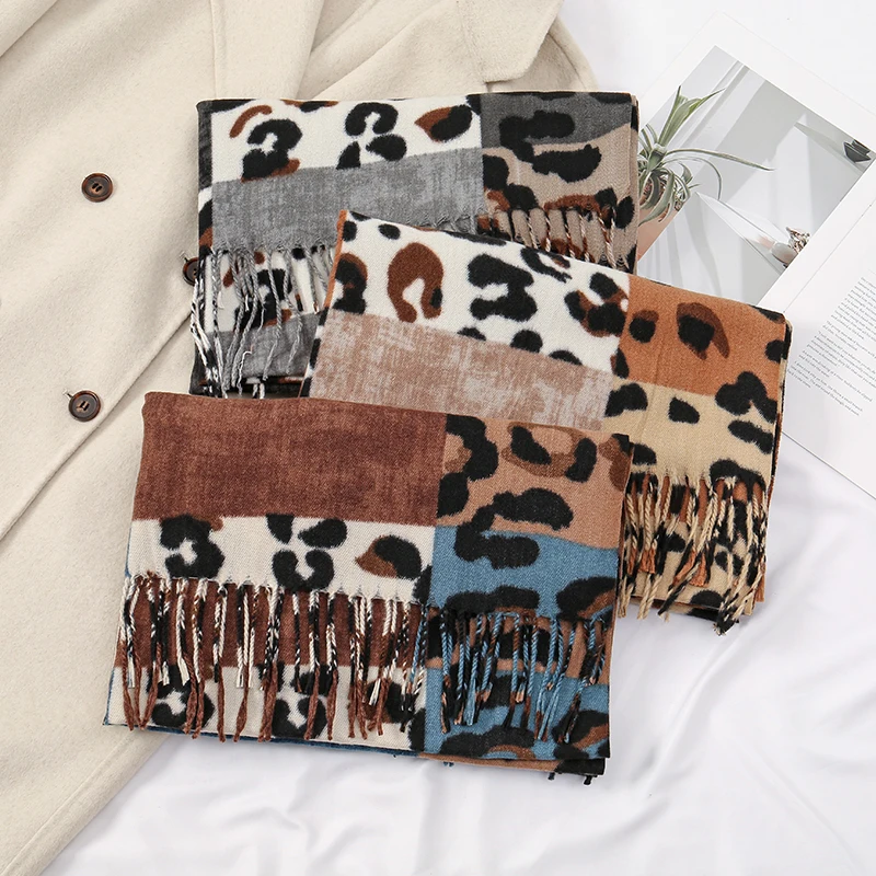 New Leopard Patchwork Cashmere Scarf Shawl Wrap Women Tassel Pashmina Winter Warm Blanket Shawl Thick Stoles Tippet 2024 Scarf