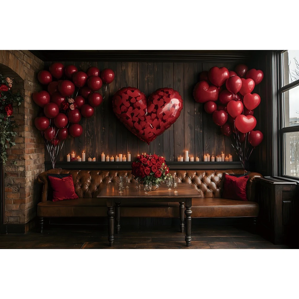 February 14 Valentine's Day Backdrop Retro Wall Red Love Heart Balloon Fireplace Candles Wedding Photography Background Decor image 2