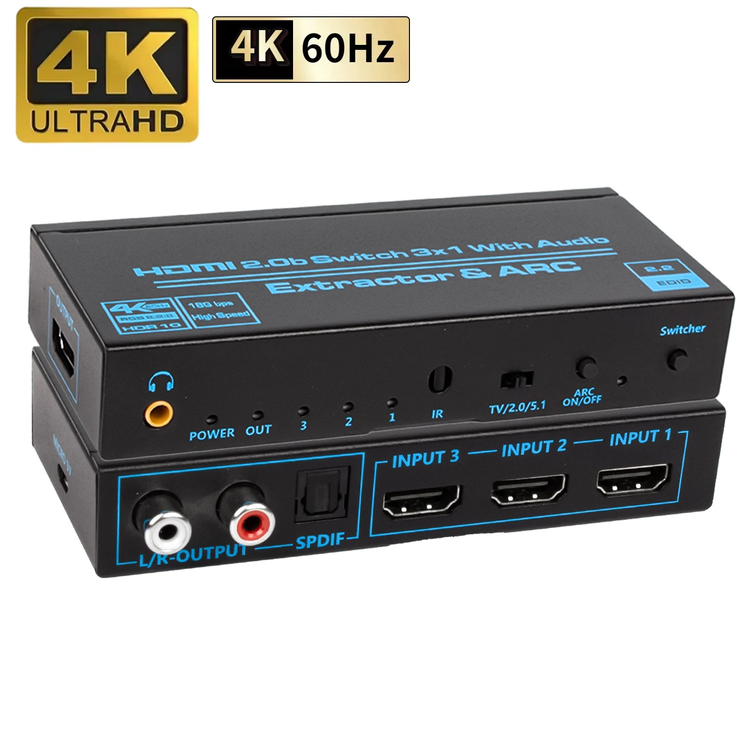 HDMI-Compatible Switch Audio Extractor 4K@60Hz ARC Toslink SPDIF HDMI-Compatible 3x1 Switcher Converter for PS4/5 Xbox TV Laptop