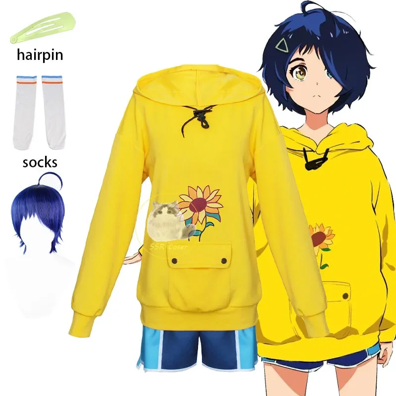 Disfraz de Anime Ohto Ai Wonder Egg, Sudadera con capucha, jersey de girasol amarillo, pantalones cortos, peluca, horquilla para mujer