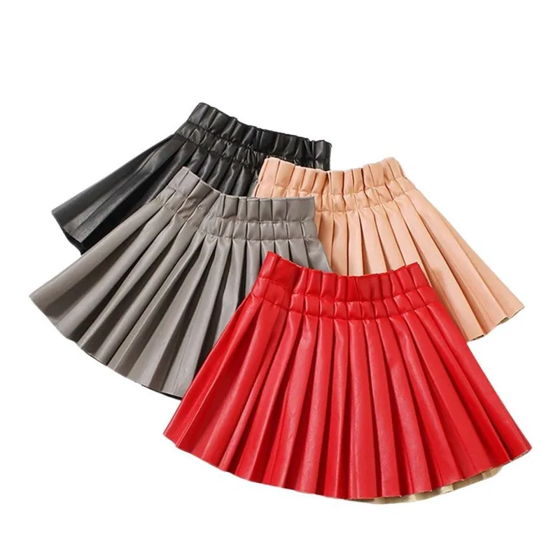 2-14Y Pleated PU Leather Skirt For Girls Fashion Solid Pink Mini Skirt Student Summer Elastic Waist Korean Girls Faldas 2022