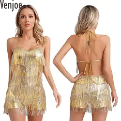 Costume da ballo latino con frange di paillettes scintillanti da donna Samba Dress pagliaccetti tuta metallica tuta con nappe per spettacoli teatrali