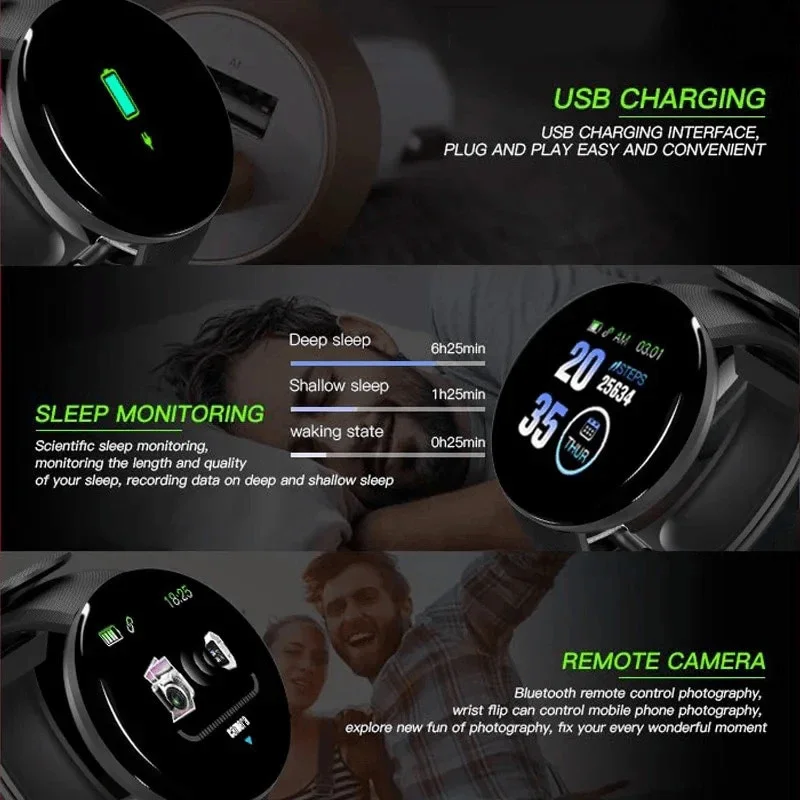 New D18 Pro Smart Watch Men Women Bluetooth Fitness Tracker Bracelet Sport Heart Rate Blood Pressure Kids Smartwatch IOS Android