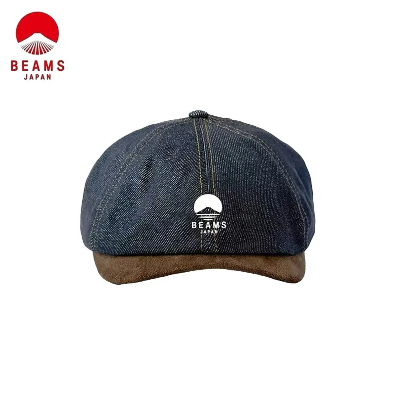 BEAMS Vintage Washed Spliced Denim Hat, Japanese‑Style Artistic Painter Cap, Large Brim Casual Outdoor Sun Hat for Women