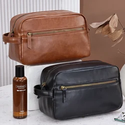 Leather Men Business Portable Storage Bag Toiletries Organizer Women Travel Cosmetic Bag Hanging Waterproof Wash Pouch Makeup