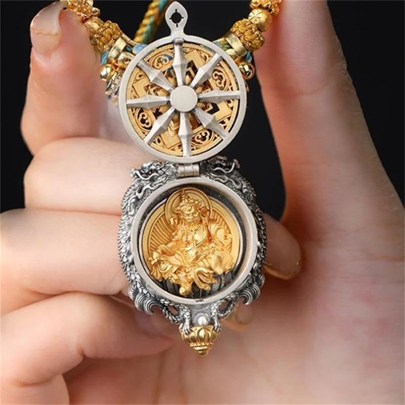 Retro Hollow Flower Buckle Pendant Men Jewelry Blessing Yellow Jambhala Necklace Male Amulet Choker Accessories 3