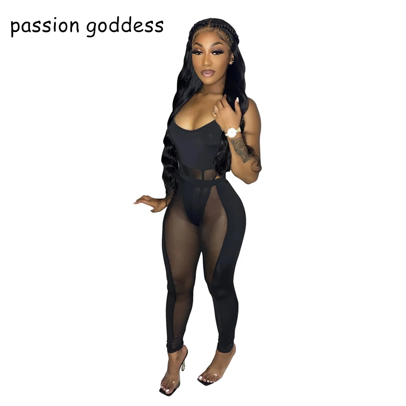 Spaghetti Strap Bodycon Sexy Two Piece Set Women Summer 2022 See Through Mesh Patchwork Club Party Outfits Pants and Top Suits