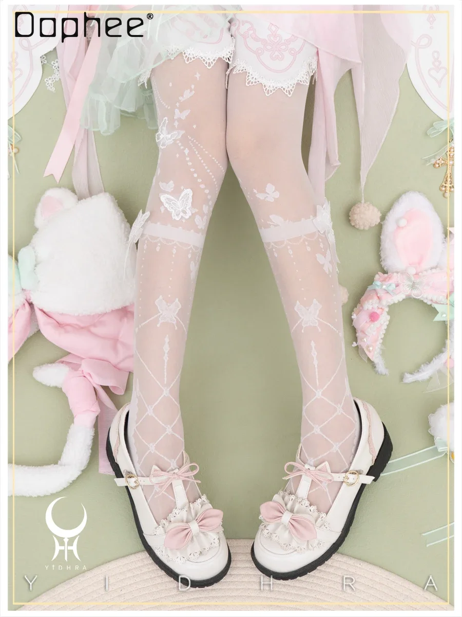 Lolita Tights White Black Butterfly Print Cute Pantyhose Thin See Through Bow Japanese Style 2024 Spring Autumn Sweet Socks