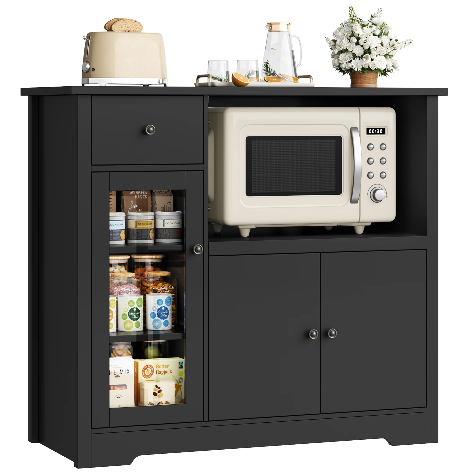 Armario de cocina con placa de trabajo, aparador de cocina con estante para microondas, armario tipo buffet con 1 cajón, 3 puertas, estante ajustable