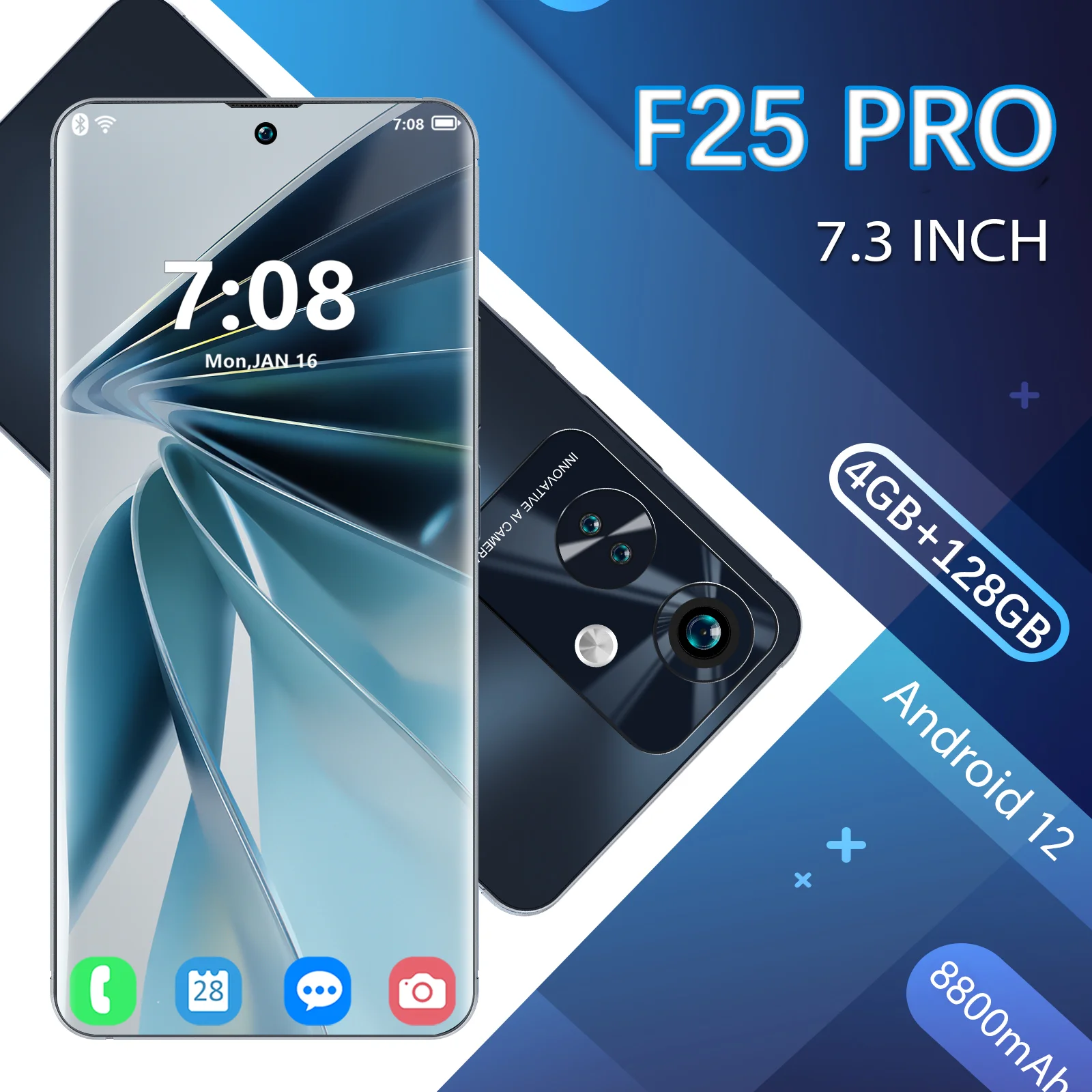 VERYHDSN F25 PRO Smartphone 7.3 Inch Telephone Android12 15MP 4GB RAM 128GB ROM Quad Core Cell Mobile 8800mAh Dual SIM Standby