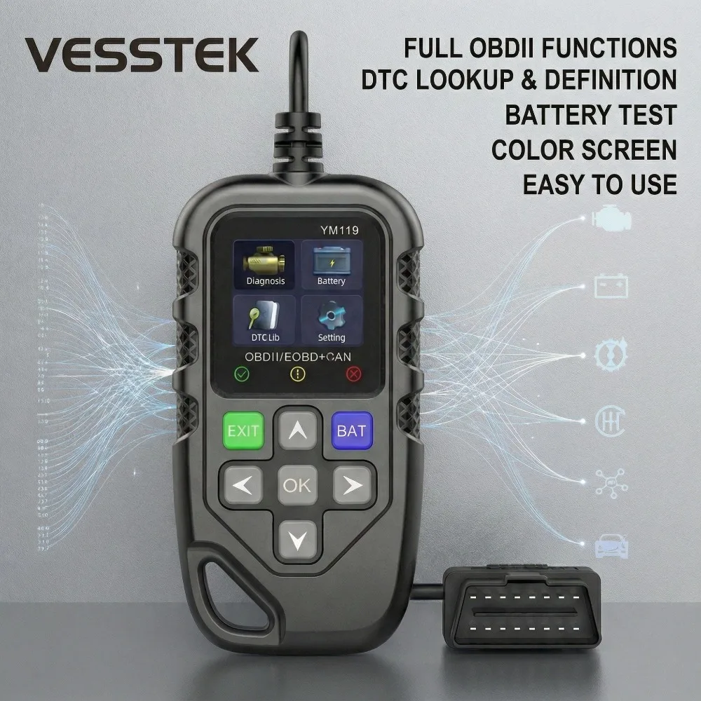 

Диагностический сканер VESSTEK YM119 OBD2 с поддержкой нескольких языков, универсальный автомобильный сканер для сброса/удаления кодов неисправностей для всех автомобилей с OBD2.