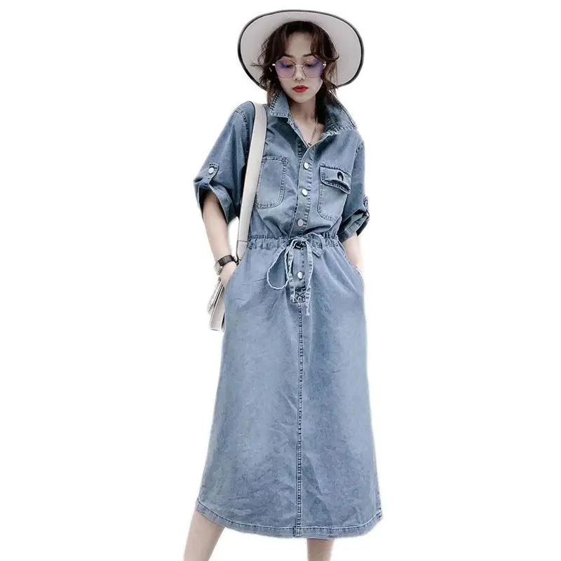 

Women's Denim Dresses Summer New Version Lace Up Embroidered A-Line Polo Collar Mid Length Dress Vestidos Elegantes Para Mujeres