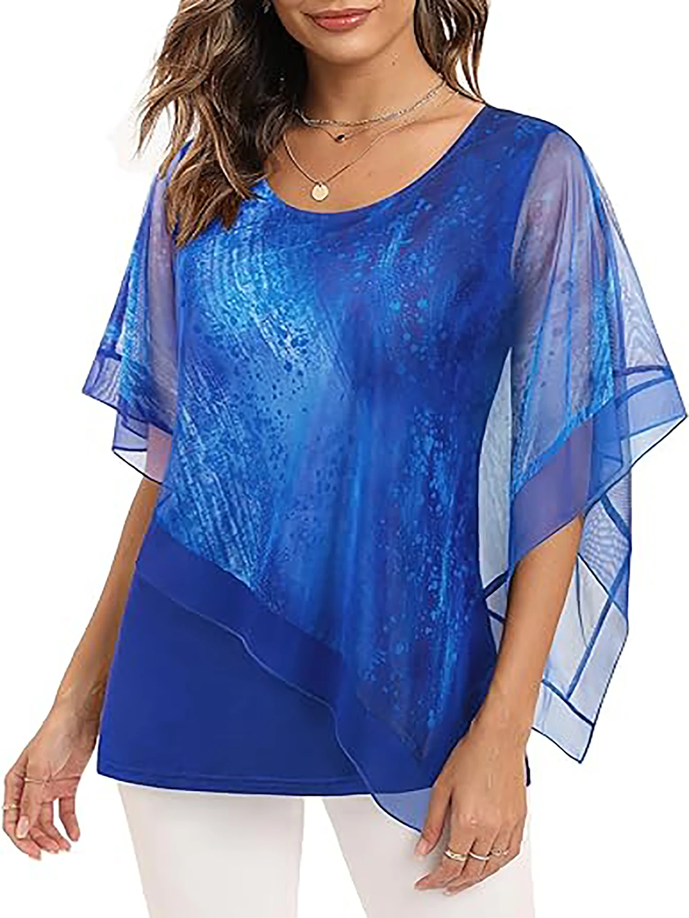 Aamikast Casual Plus Size Women's Tops Printed Collar Sleeve Top Round Neck Half-Sleeved Lace Shirt Blue Print